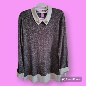 Faith and Joy Dark Grey Top & Plaid Jeweled Collar Size Large